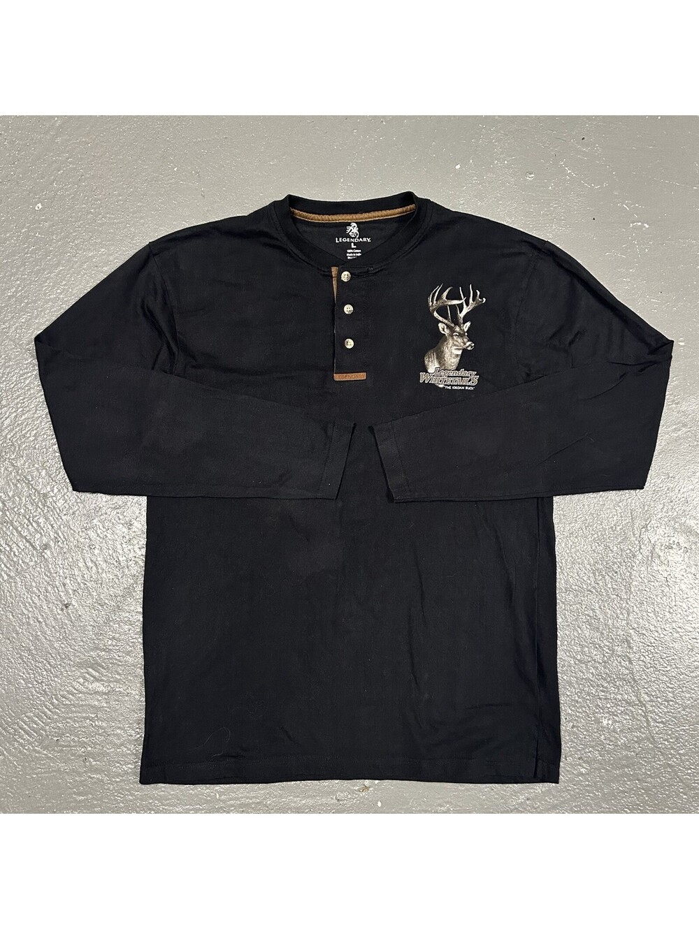 Y2K Legendary Whitetails Long Sleeve Henley Buck Deer Graphic Black Size Large